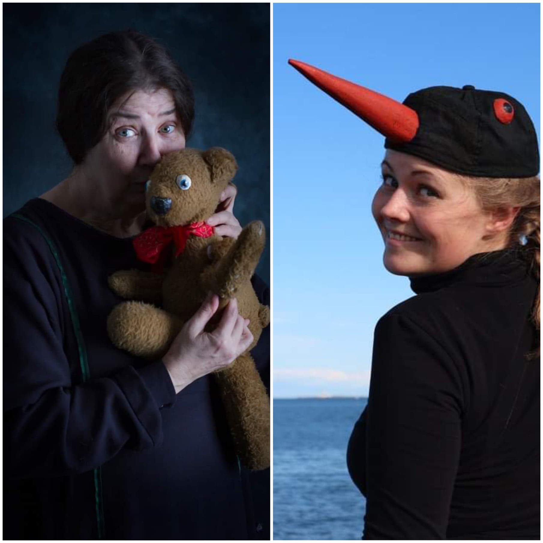 To kvinner, en i profil med hatt, en holder en bamse