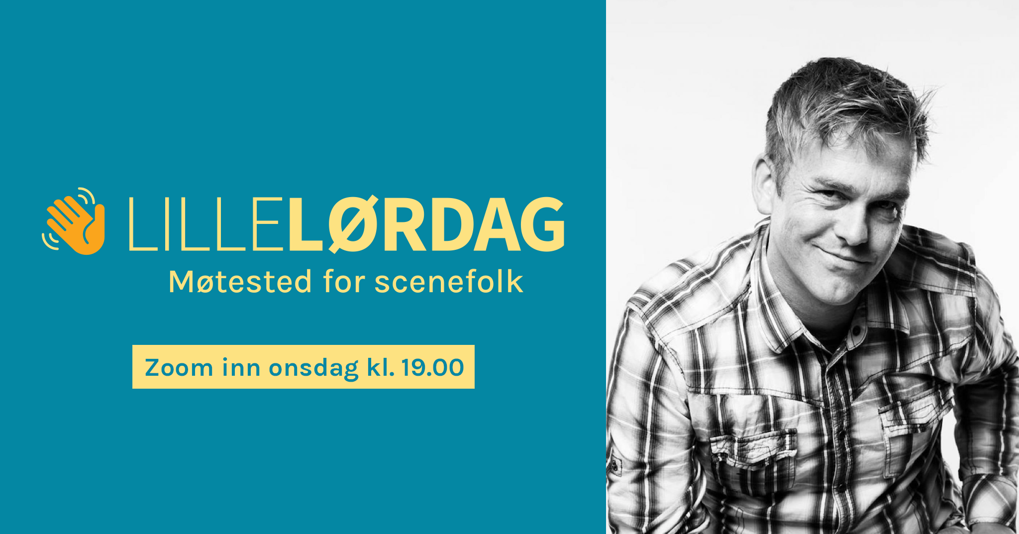 Lillelørdag logo med sorthvitt bilde av mann