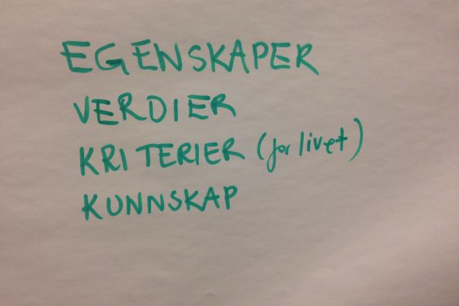 fire ord på plakat, egenskaper, verdier, kriterier og kunnskap