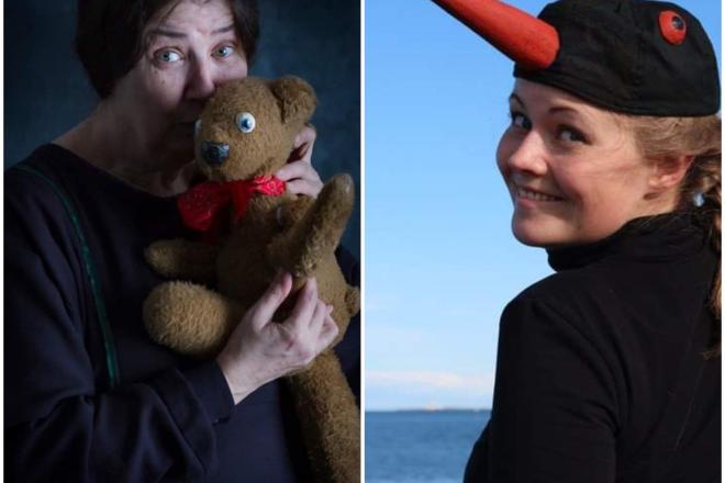 To kvinner, en i profil med hatt, en holder en bamse